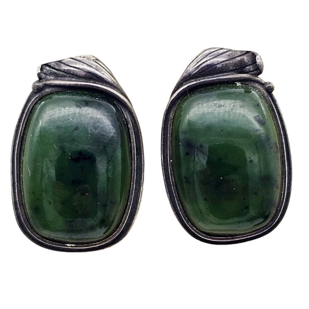 Vintage Sterling Silver Dark Green Jade Clip On Earrings